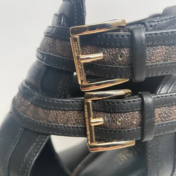 Michael Kors Women's Black Brown Logo Leather Open‑Toe Ankle Booties Size 7.5 - Picture 6 of 11